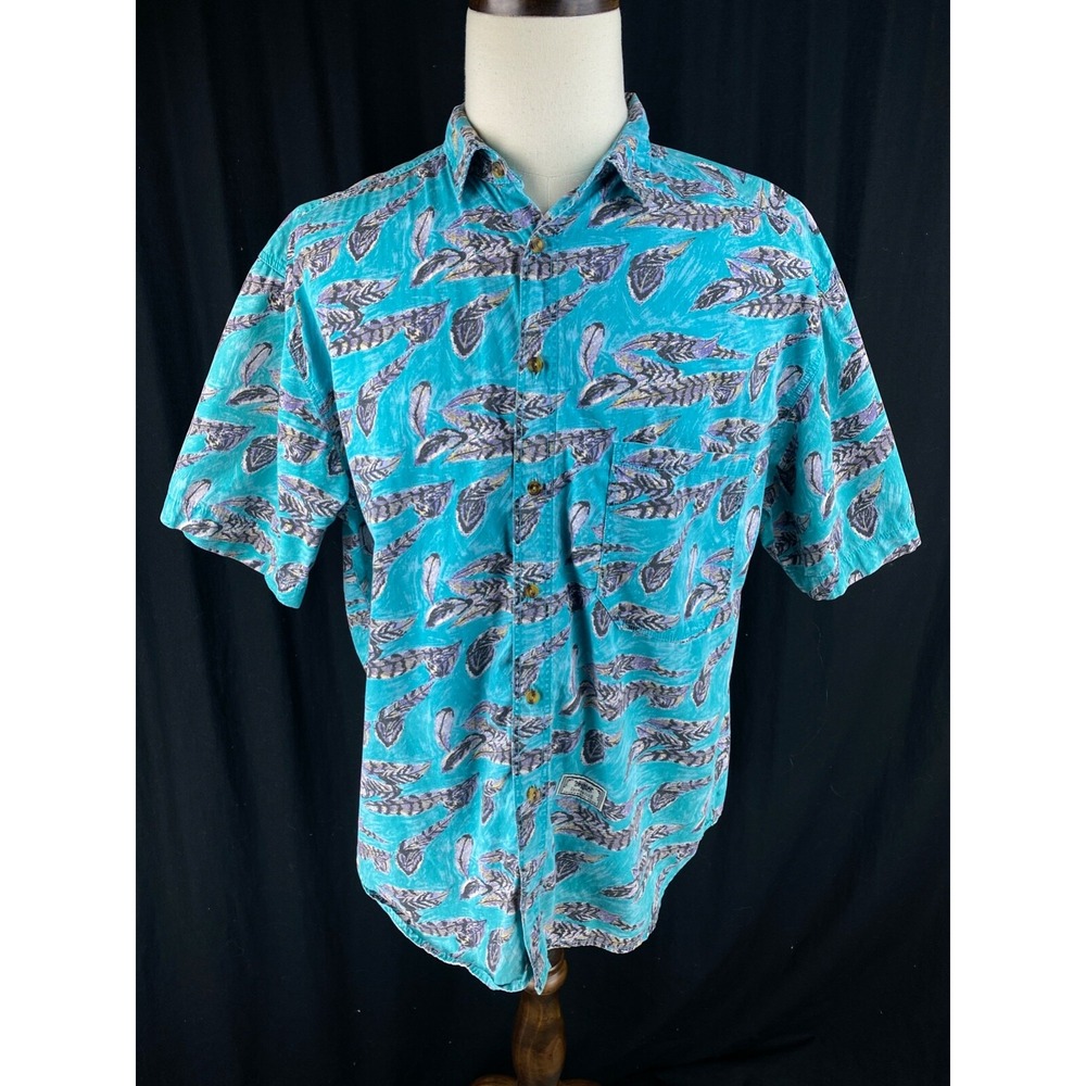 Levis Vtg 80s 90s Button‎ Shirt Feather AOP Hawaiian Animal Art to Wear
